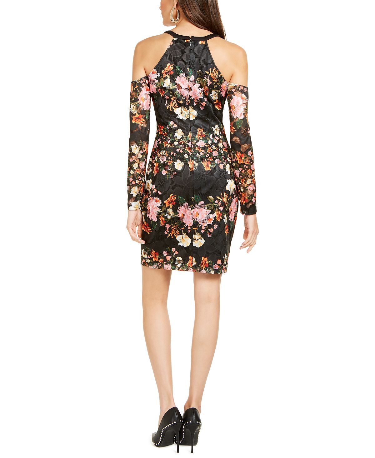 Vestido curto Guss feminino com alças finas e estampa floral, manga comprida, preto, tamanho 0