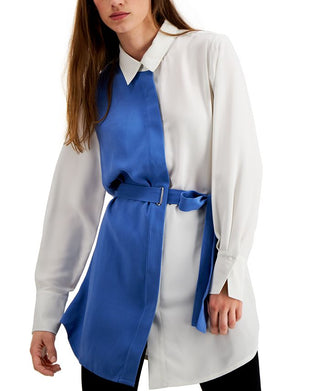 Blusa feminina Alfani com botões e manga comprida e bloco de cores, azul, tamanho médio