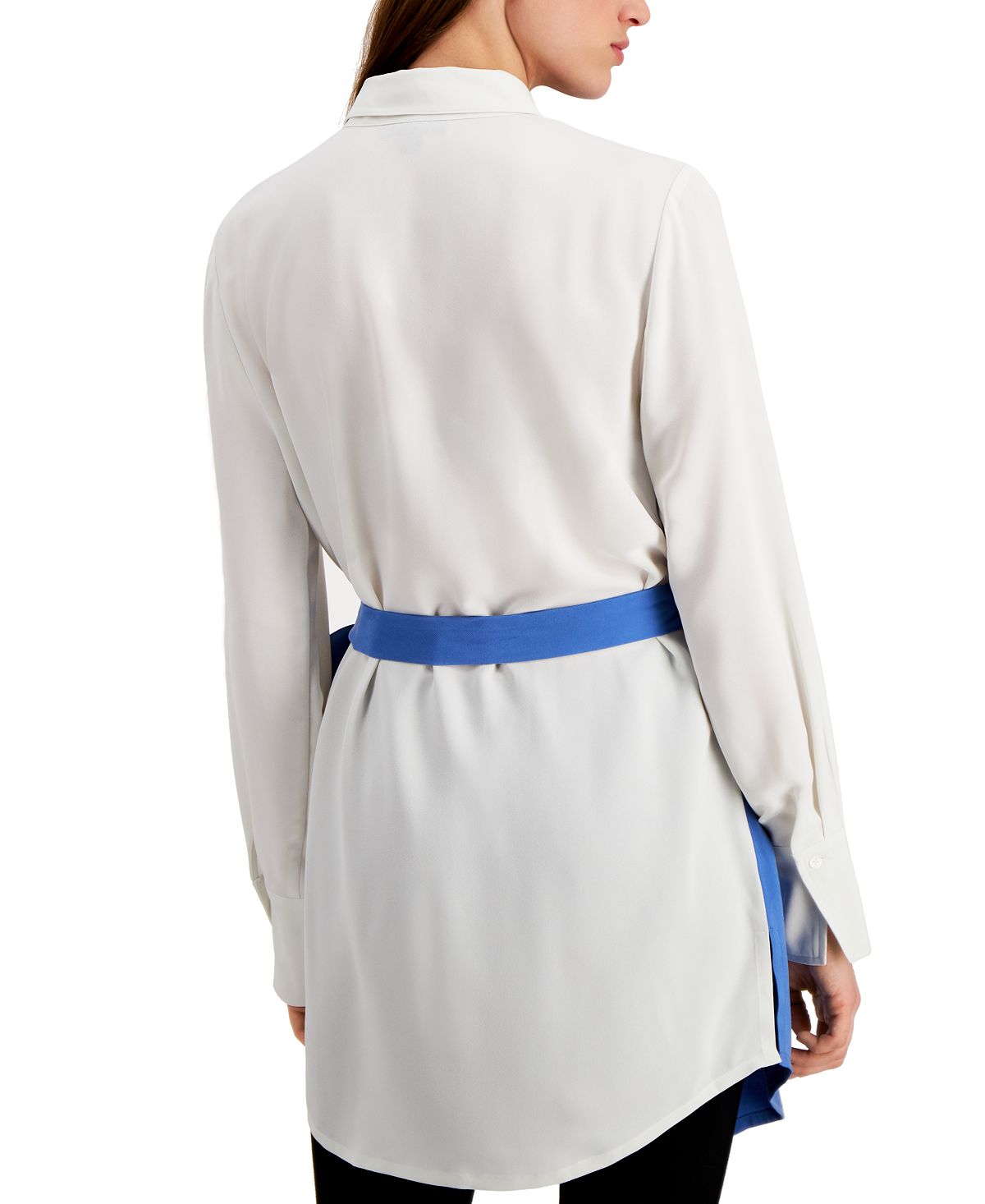 Blusa feminina Alfani com botões e manga comprida e bloco de cores, azul, tamanho médio