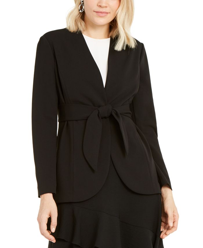 Blazer feminino Alfani sem gola e com amarração na cintura, preto, tamanho 14