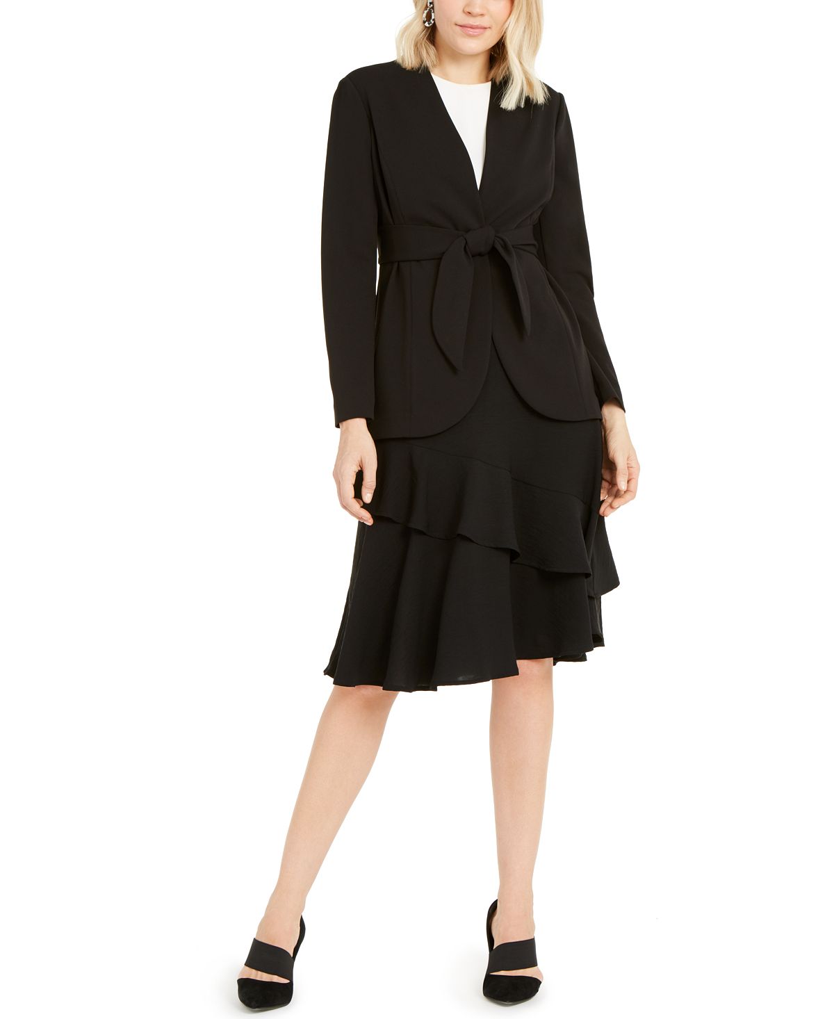 Blazer feminino Alfani sem gola e com amarração na cintura, preto, tamanho 14