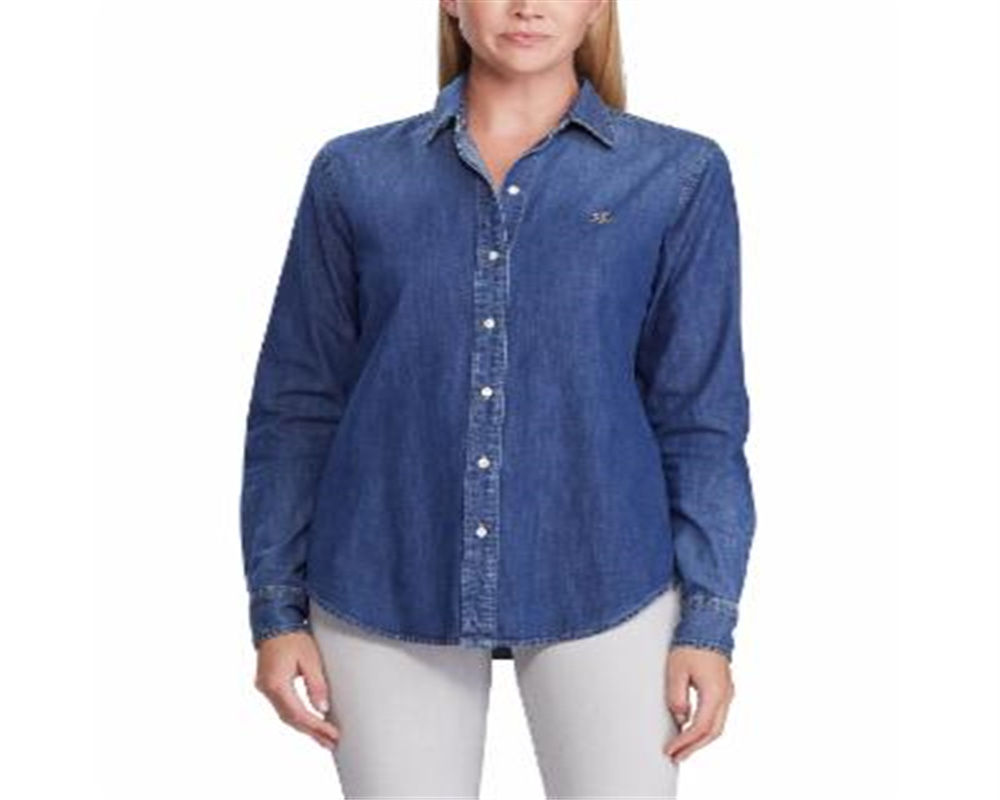 Camisa jeans feminina Ralph Lauren com gola azul, tamanho pequeno