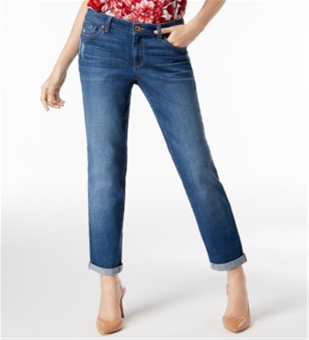 Calça jeans feminina estilo boyfriend com punho e ajuste curvo, da INC International Concepts, azul, tamanho 14