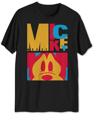 Camiseta masculina Jem com estampa do Mickey e blocos de cores, preta, tamanho grande