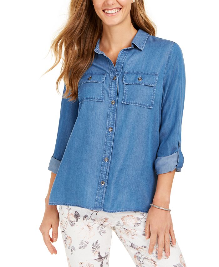 Camisa utilitária jeans feminina Charter Club azul tamanho XX-G