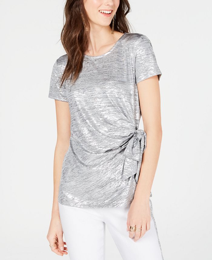 Blusa feminina INC International Concepts com amarração lateral metálica e brilho, tamanho pequeno, prateada