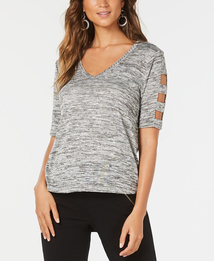 Thalia Sodi Top feminino com recorte metálico mesclado e manga comprida, cinza, tamanho médio