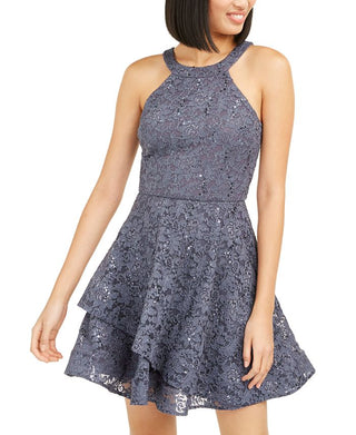 BCX Women's Sleeveless Halter Short Fit Flare Party Dress Gray Size 0