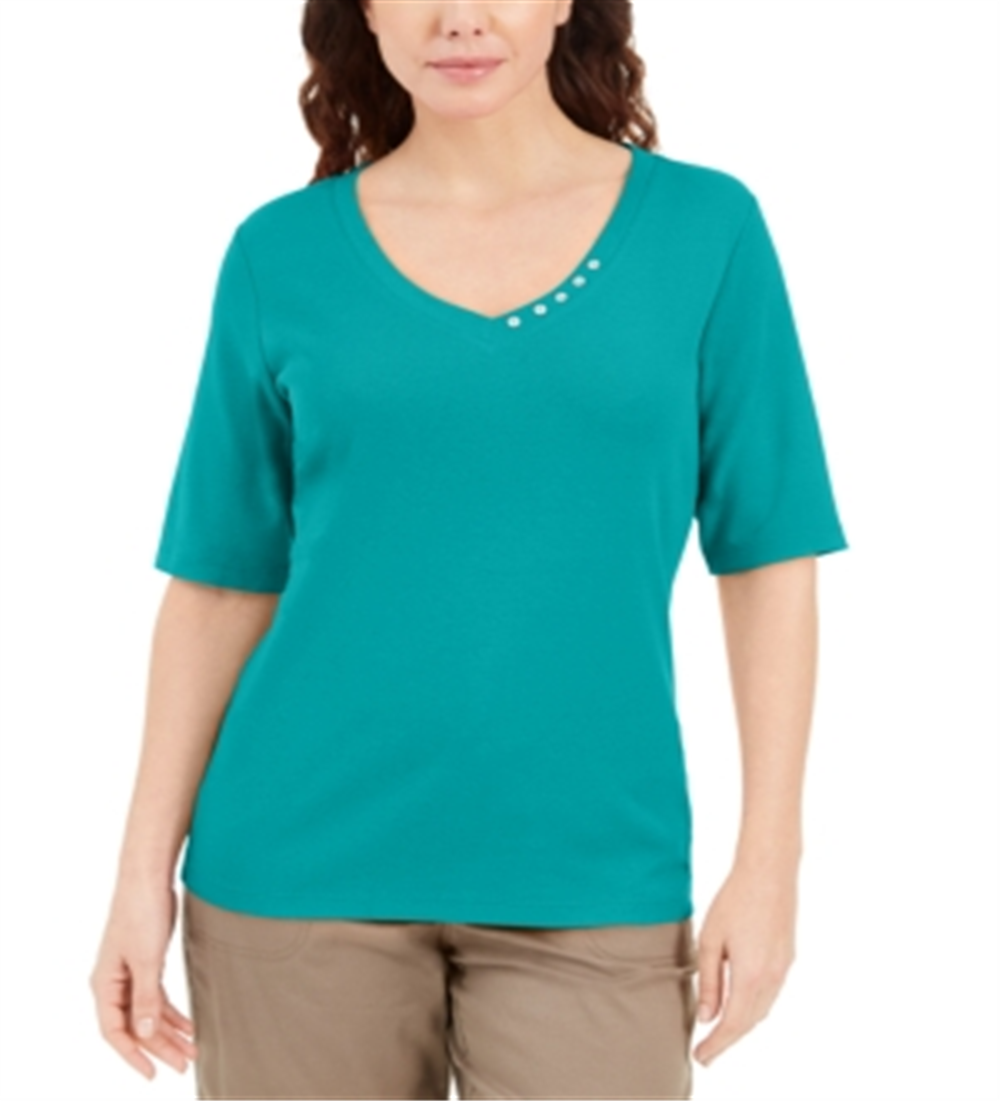 Blusa feminina Karen Scott com decote em V e detalhes em botões, verde, tamanho XX-G