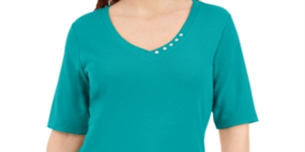 Blusa feminina Karen Scott com decote em V e detalhes em botões, verde, tamanho XX-G