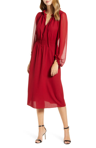 Vestido midi feminino Anne Klein com cintura franzida, vermelho, tamanho médio