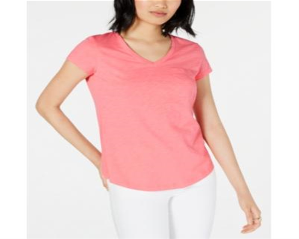 Camiseta feminina Maison Jules com decote em V e bolso aplicado, rosa, tamanho XX-G
