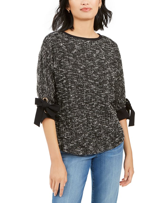 Top feminino Charter Club com punho de laço mesclado, preto, tamanho pequeno P