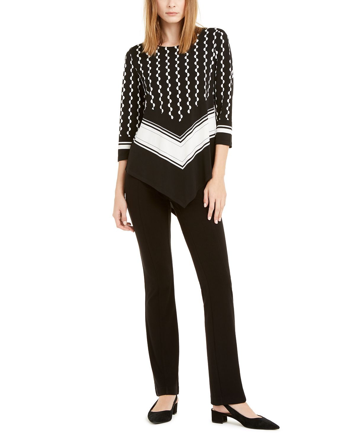 Blusa feminina Alfani com estampa mista e bainha pontuda, preta, tamanho pequeno