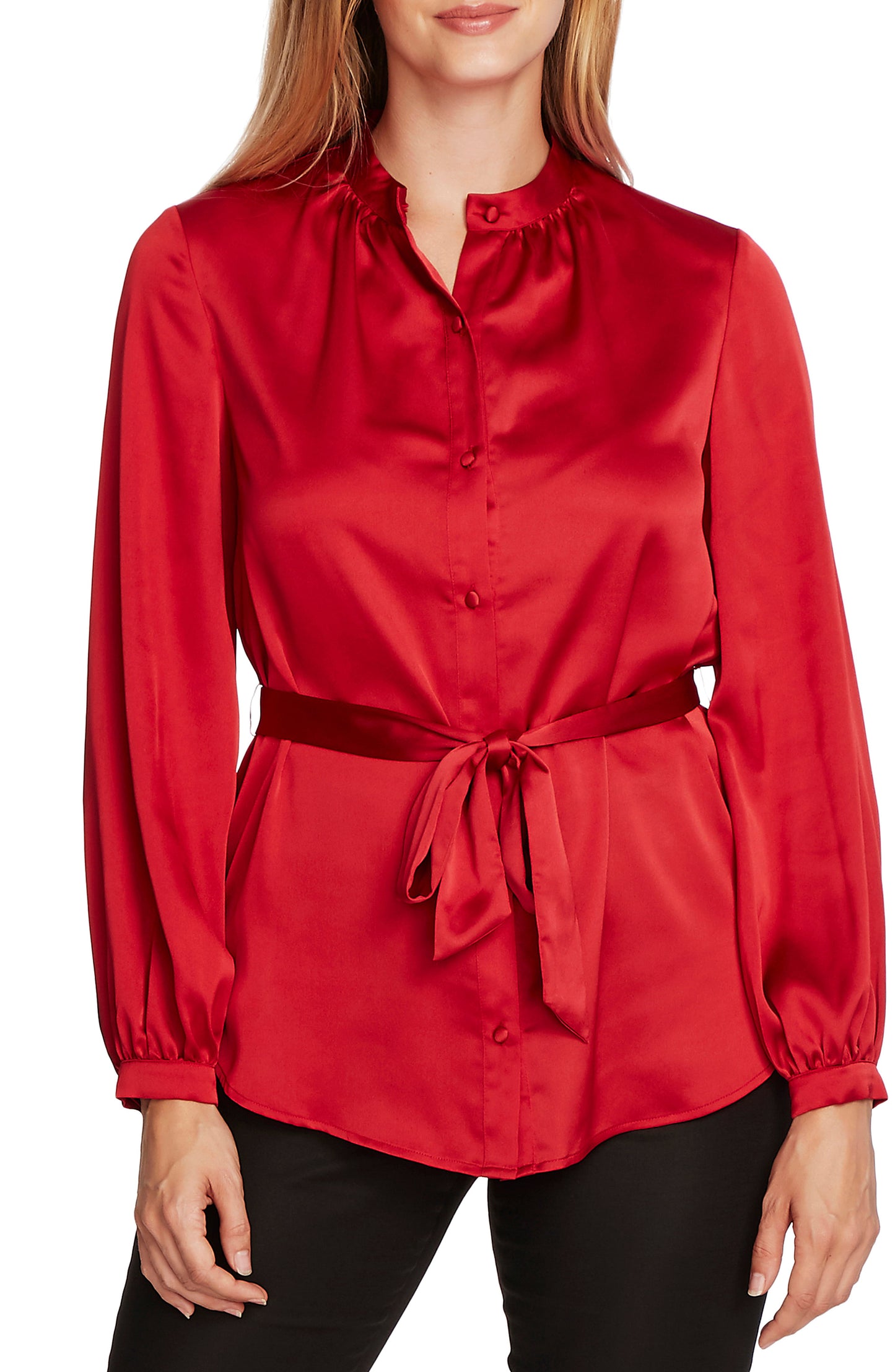 Vince Camuto Charmeuse Feminino Botões Cinto Túnica Top Vermelho Tamanho X-G
