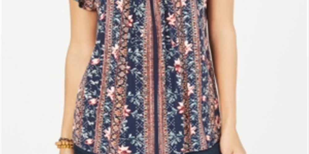 Blusa plissada estampada feminina Style &amp; Co, preta, tamanho pequeno M