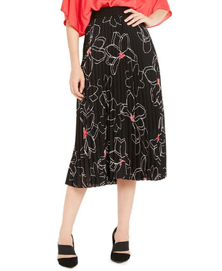 Saia plissada midi com estampa floral feminina Alfani, preta, tamanho grande