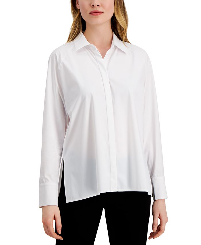 Blusa feminina Alfani com gola e manga comprida, branca, tamanho grande