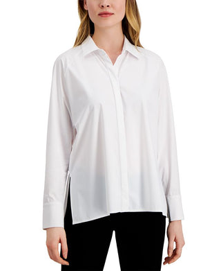 Blusa feminina Alfani com gola e manga comprida, branca, tamanho grande