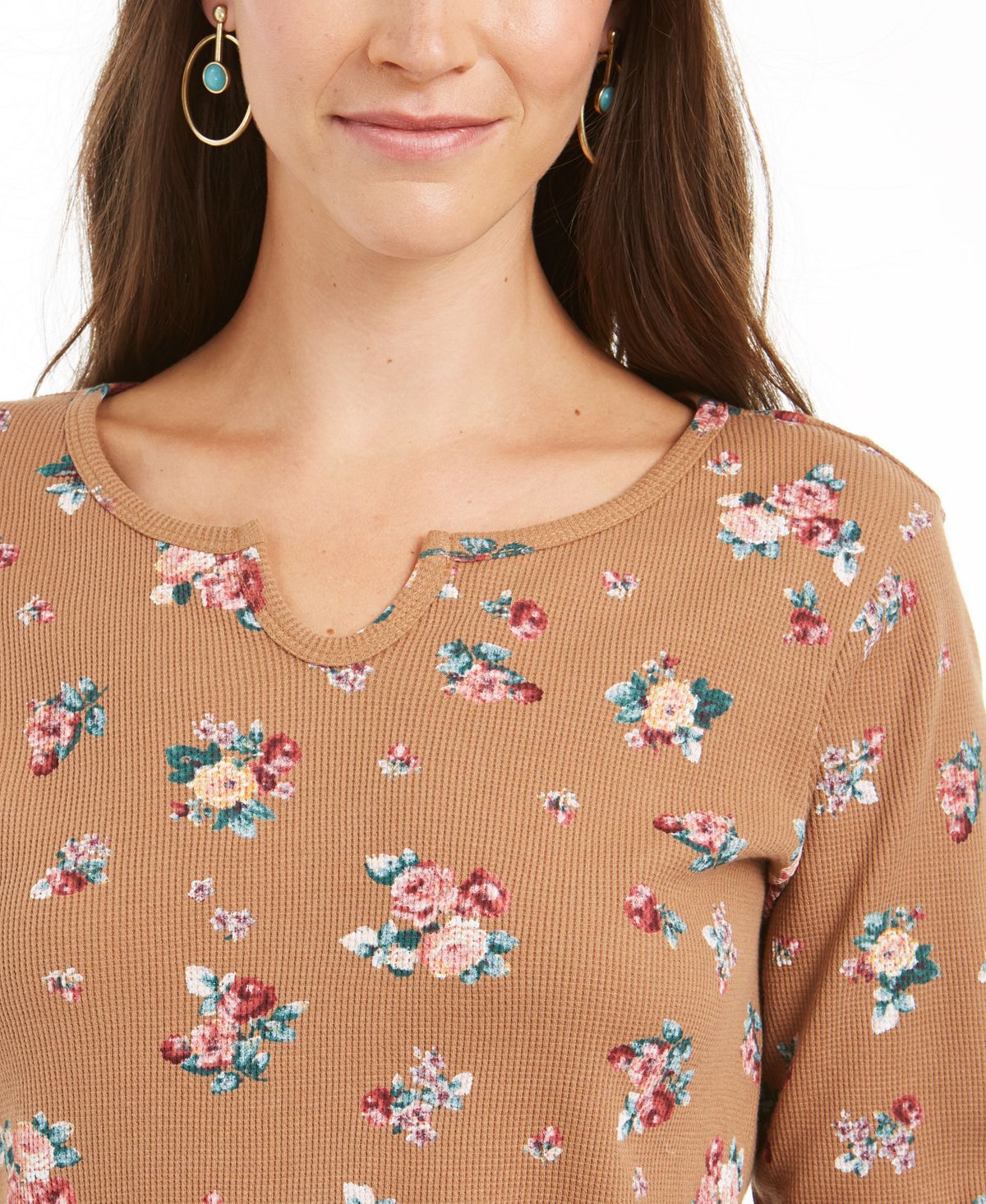 Blusa térmica feminina de algodão com gola dividida e estampa estilo &amp; co, marrom, tamanho pequeno