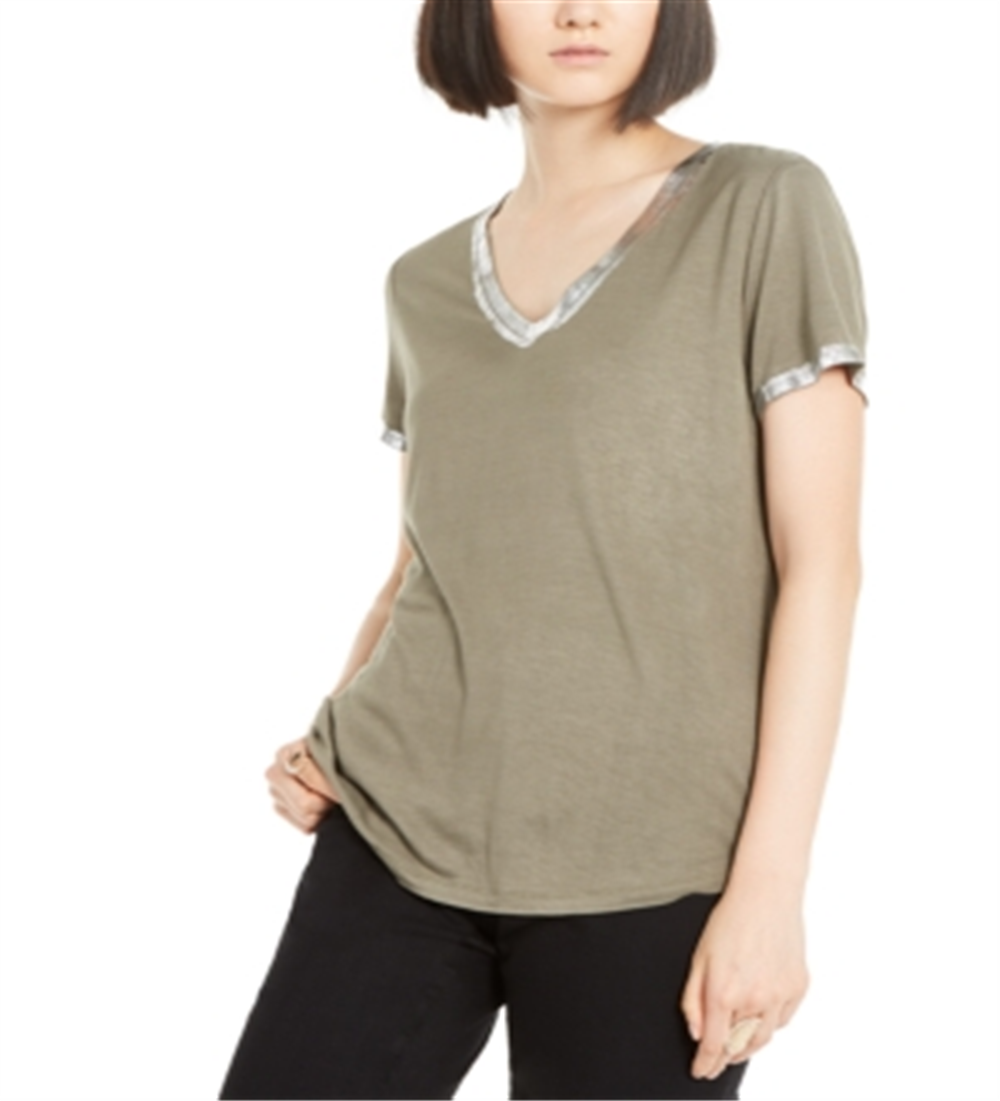 Camiseta feminina com acabamento metálico da INC International Concepts, verde, tamanho X-S