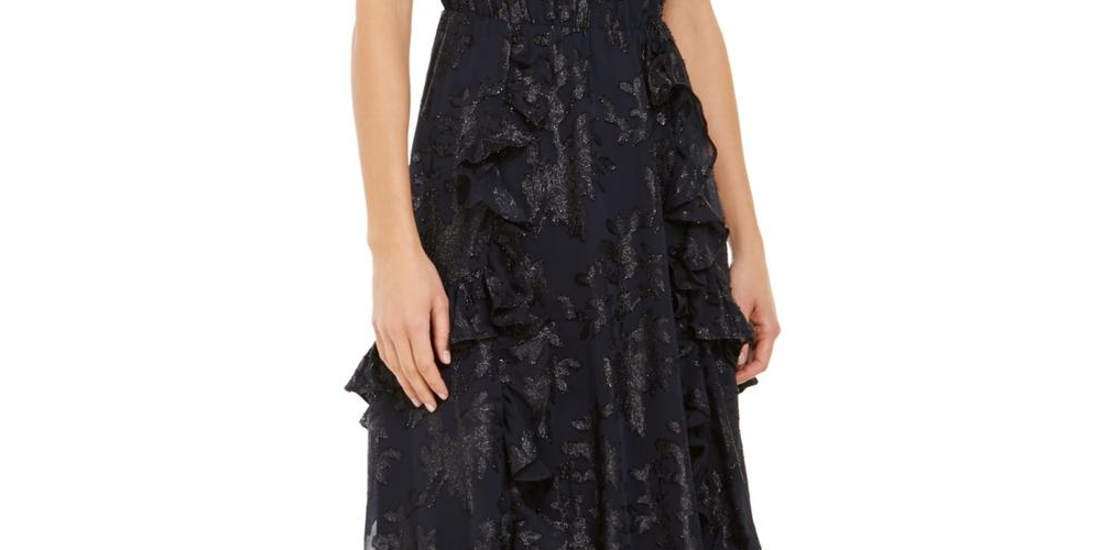 Vestido midi feminino metálico com decote em V da INC International Concepts, preto, tamanho M