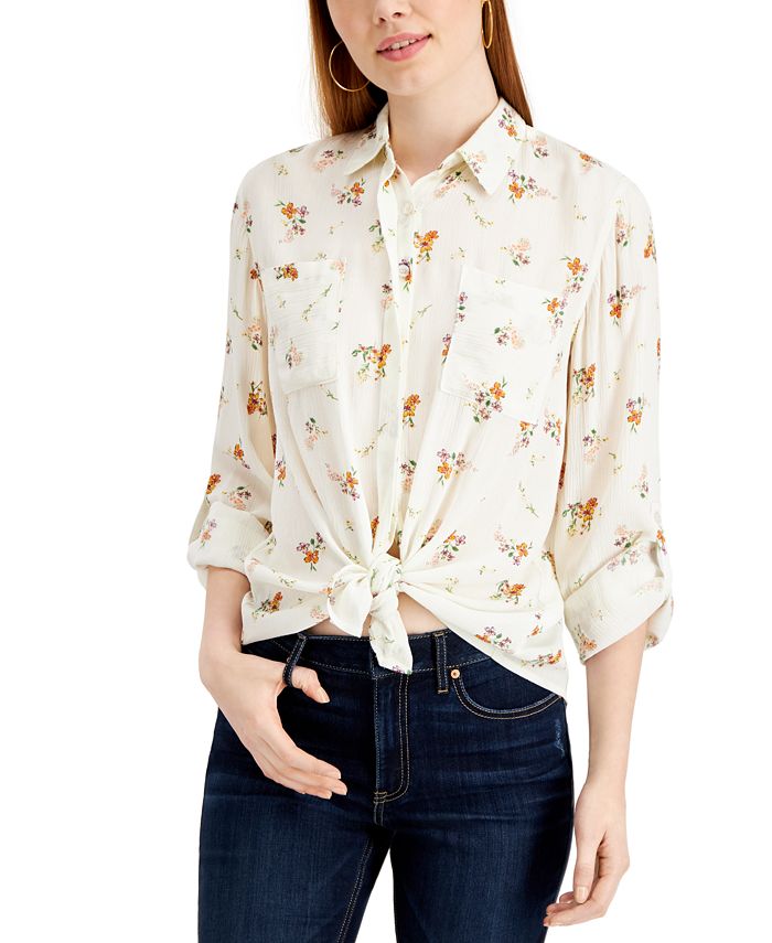 Camisa floral com amarração frontal Pink Rose Junior, tamanho médio, branca