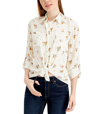 Camisa floral com amarração frontal Pink Rose Junior, tamanho médio, branca