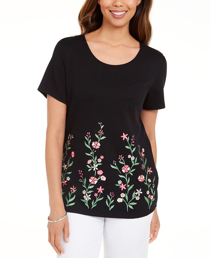 Blusa feminina Karen Scott Garden Treasure com estampa floral, preta, tamanho pequeno