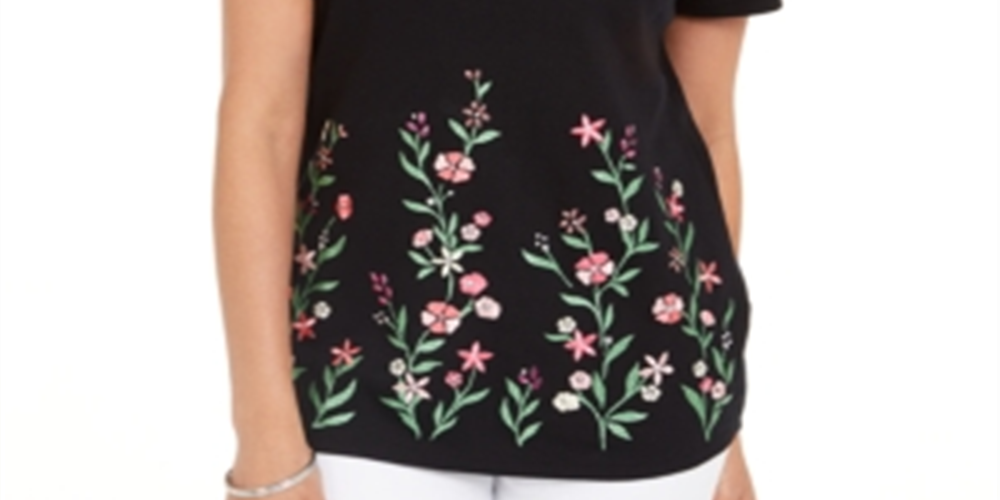 Blusa feminina Karen Scott Garden Treasure com estampa floral, preta, tamanho pequeno