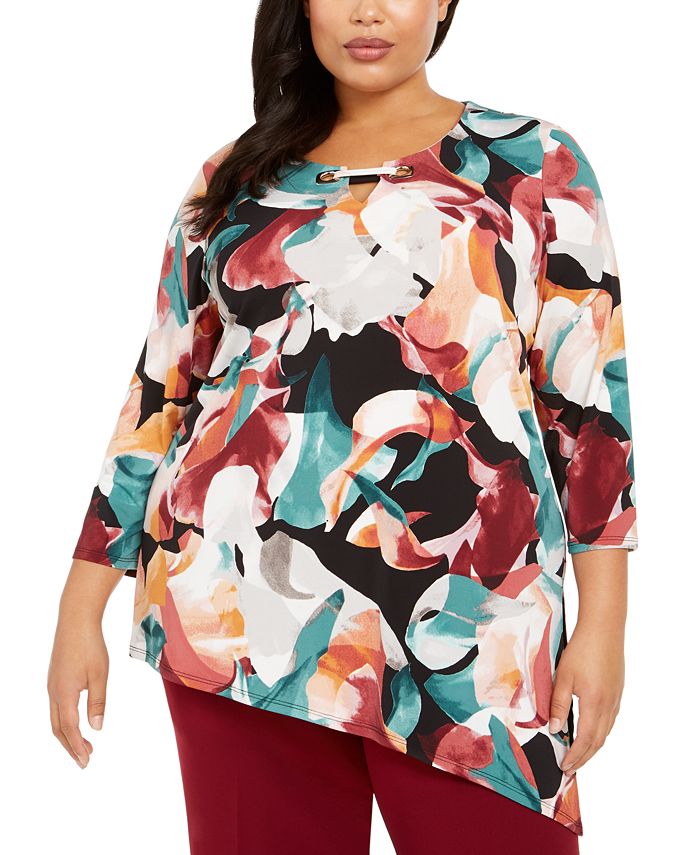 Top assimétrico estampado feminino JM Collection, preto, tamanho 0X