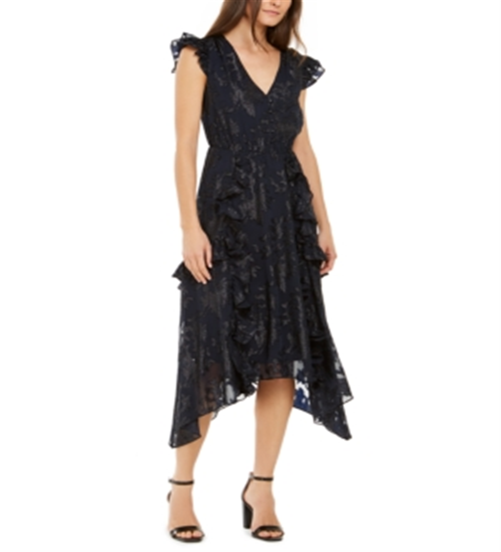 Vestido midi feminino metálico com decote em V da INC International Concepts, preto, tamanho P