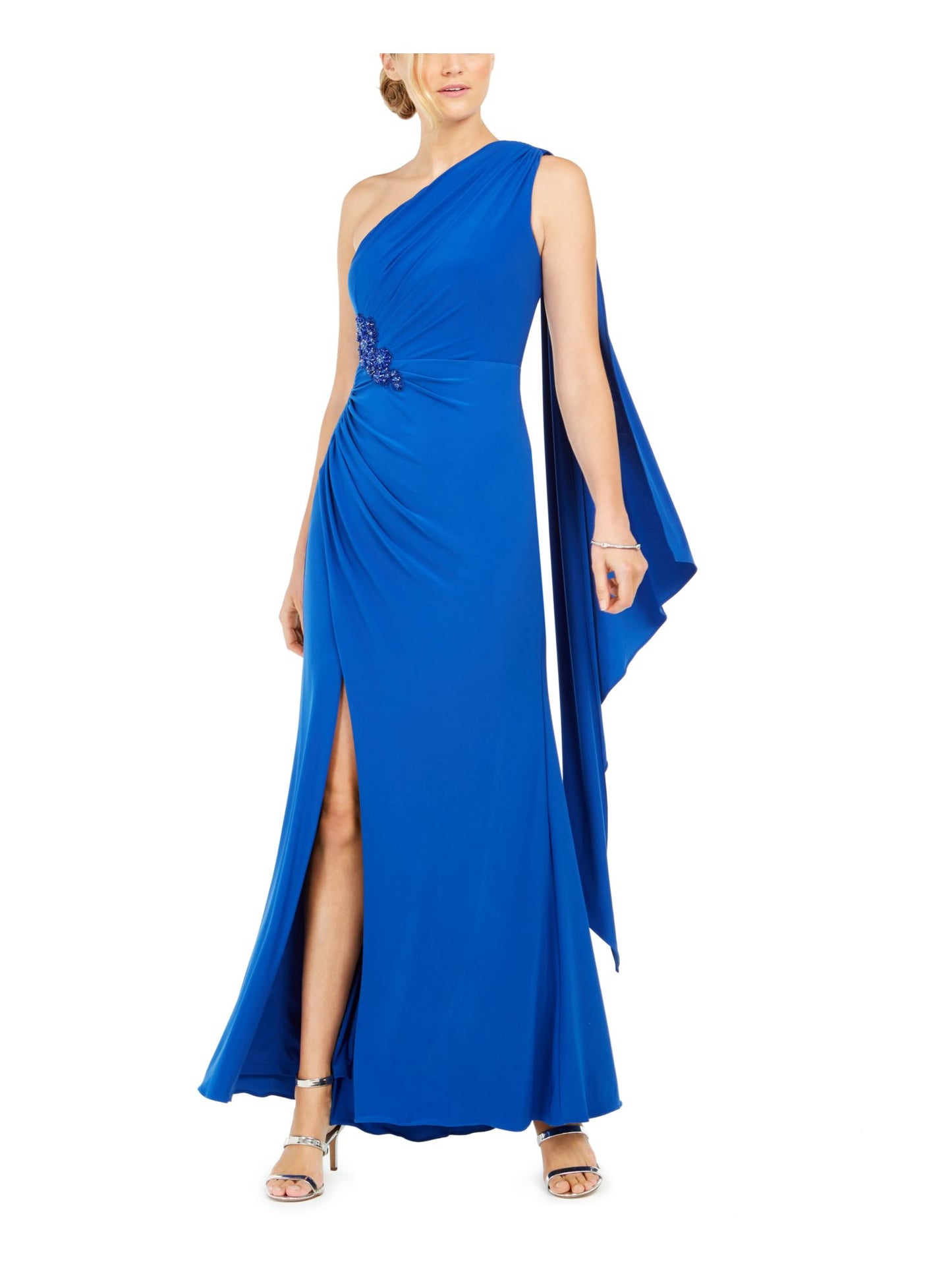 Vestido drapeado de um ombro só feminino Adrianna Papell, azul, tamanho 4