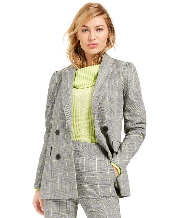 Blazer xadrez trespassado feminino Bar III para usar no trabalho, jaqueta cinza, tamanho XX-G
