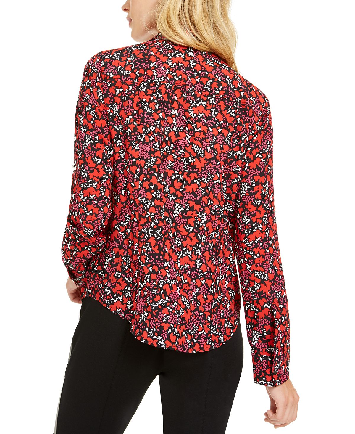 Blusa feminina Michael Kors com estampa de folhas da floresta e zíper, vermelha, tamanho médio