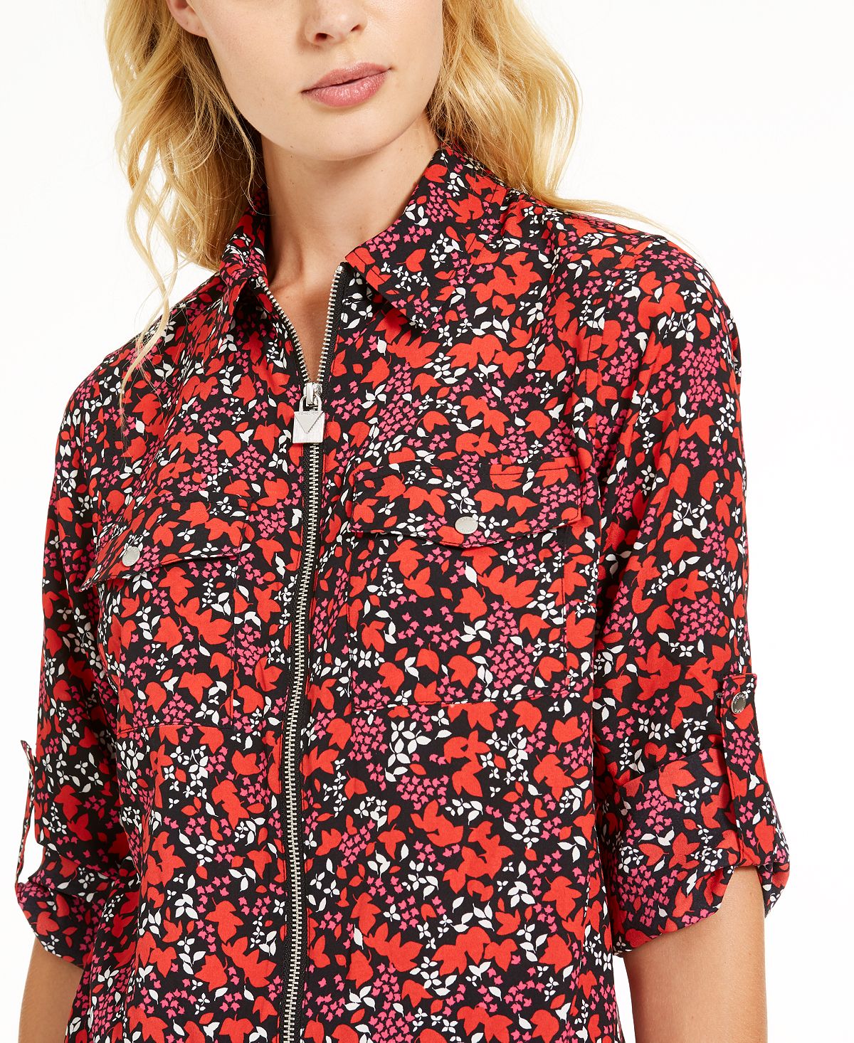 Blusa feminina Michael Kors com estampa de folhas da floresta e zíper, vermelha, tamanho médio