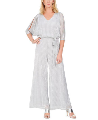 MSK Women's 3/4 Sleeve V Neck Blouse Wide Leg Formal Jumpsuit Silver Size 12