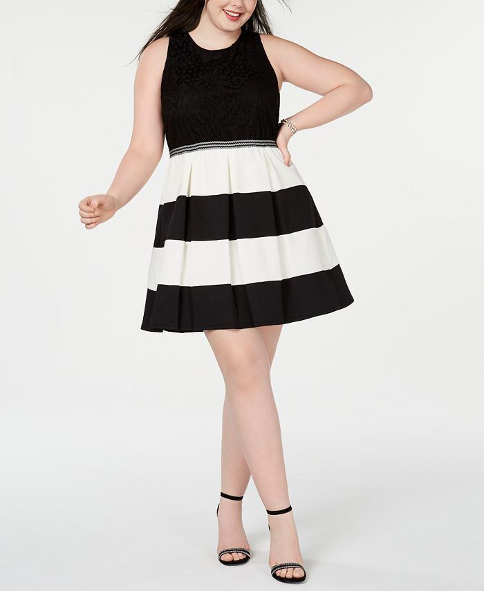 Vestido feminino listrado sem mangas com decote em joia e ajuste acima do joelho, preto, tamanho 20