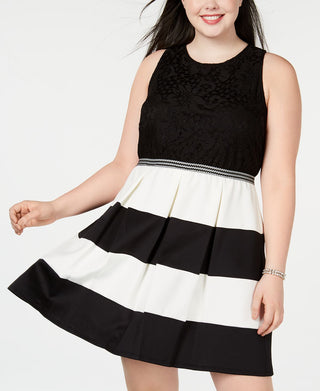 Vestido feminino listrado sem mangas com decote em joia e ajuste acima do joelho, preto, tamanho 20