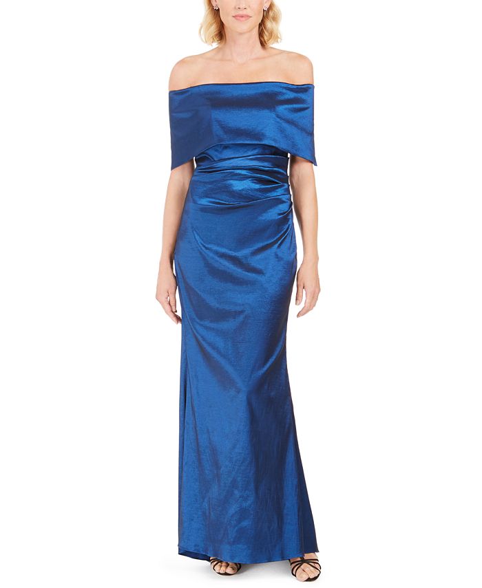 Vestido formal feminino Vince Camuto, liso, sem mangas, ombro de fora, comprimento total, azul, tamanho 6