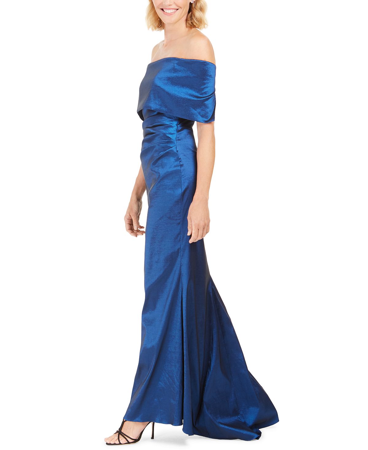 Vestido formal feminino Vince Camuto, liso, sem mangas, ombro de fora, comprimento total, azul, tamanho 6