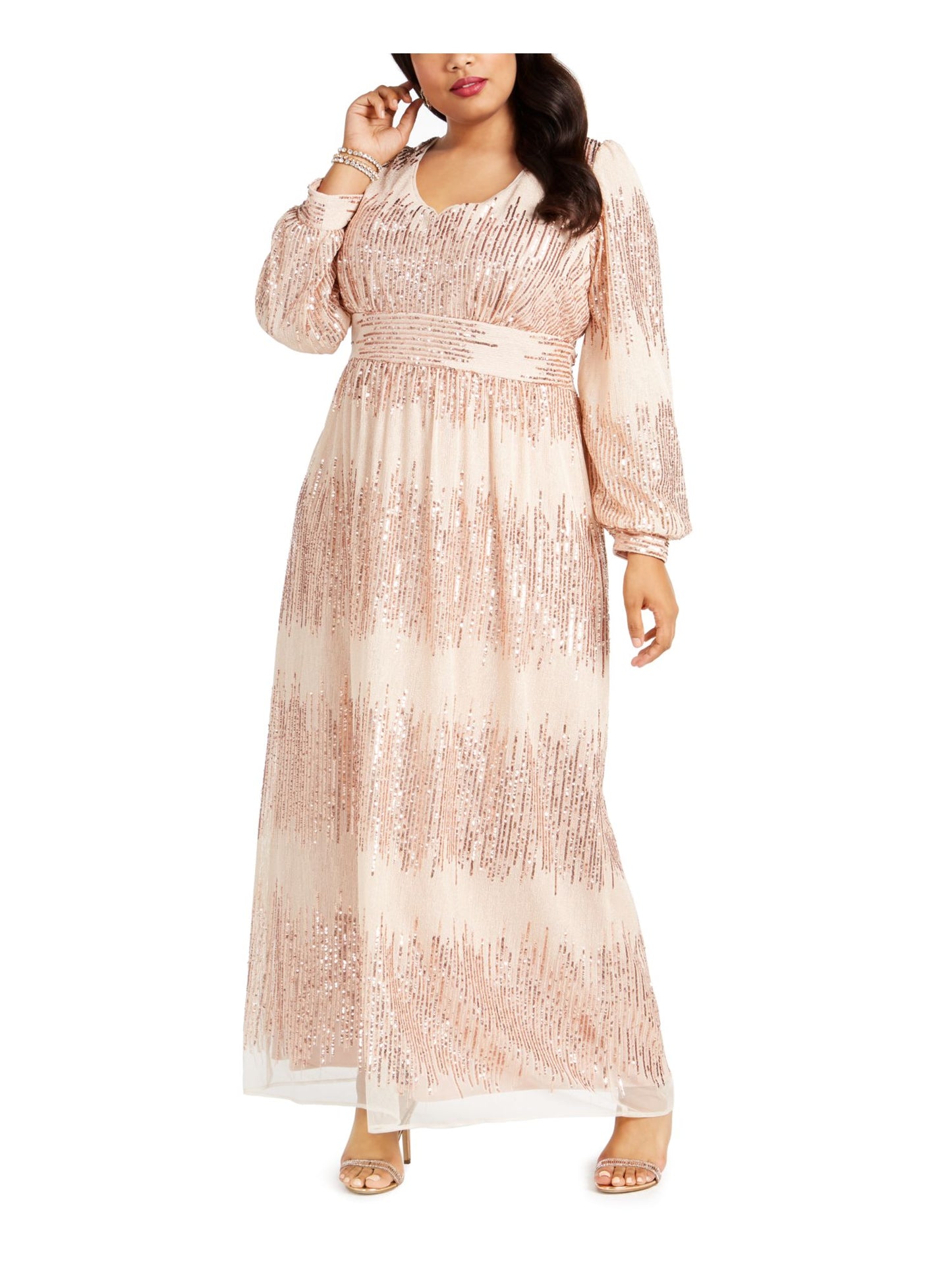 Vestido longo feminino com lantejoulas e gola joia, manga comprida, marrom, tamanho 18W, da R&amp;M Richards