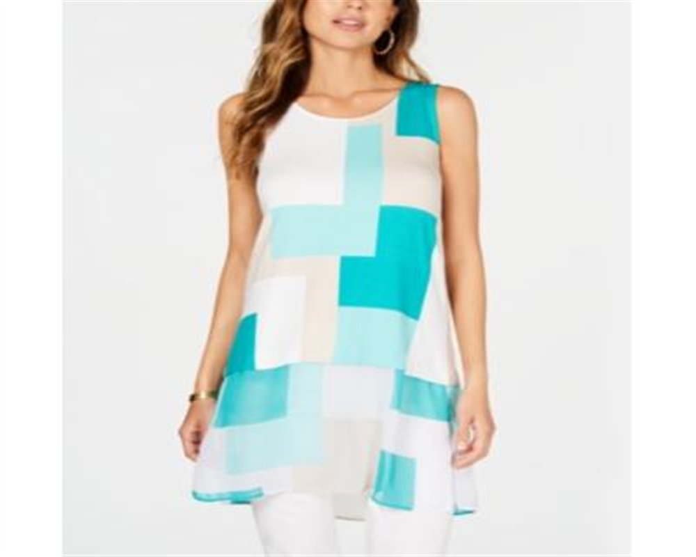 Blusa feminina Alfani com estampa de blocos de cores, sem mangas, gola redonda, azul, tamanho grande