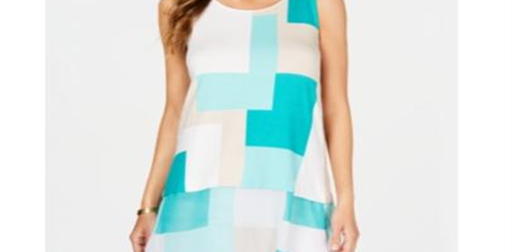 Blusa feminina Alfani com estampa de blocos de cores, sem mangas, gola redonda, azul, tamanho grande