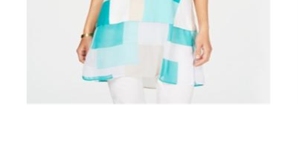 Blusa feminina Alfani com estampa de blocos de cores, sem mangas, gola redonda, azul, tamanho grande