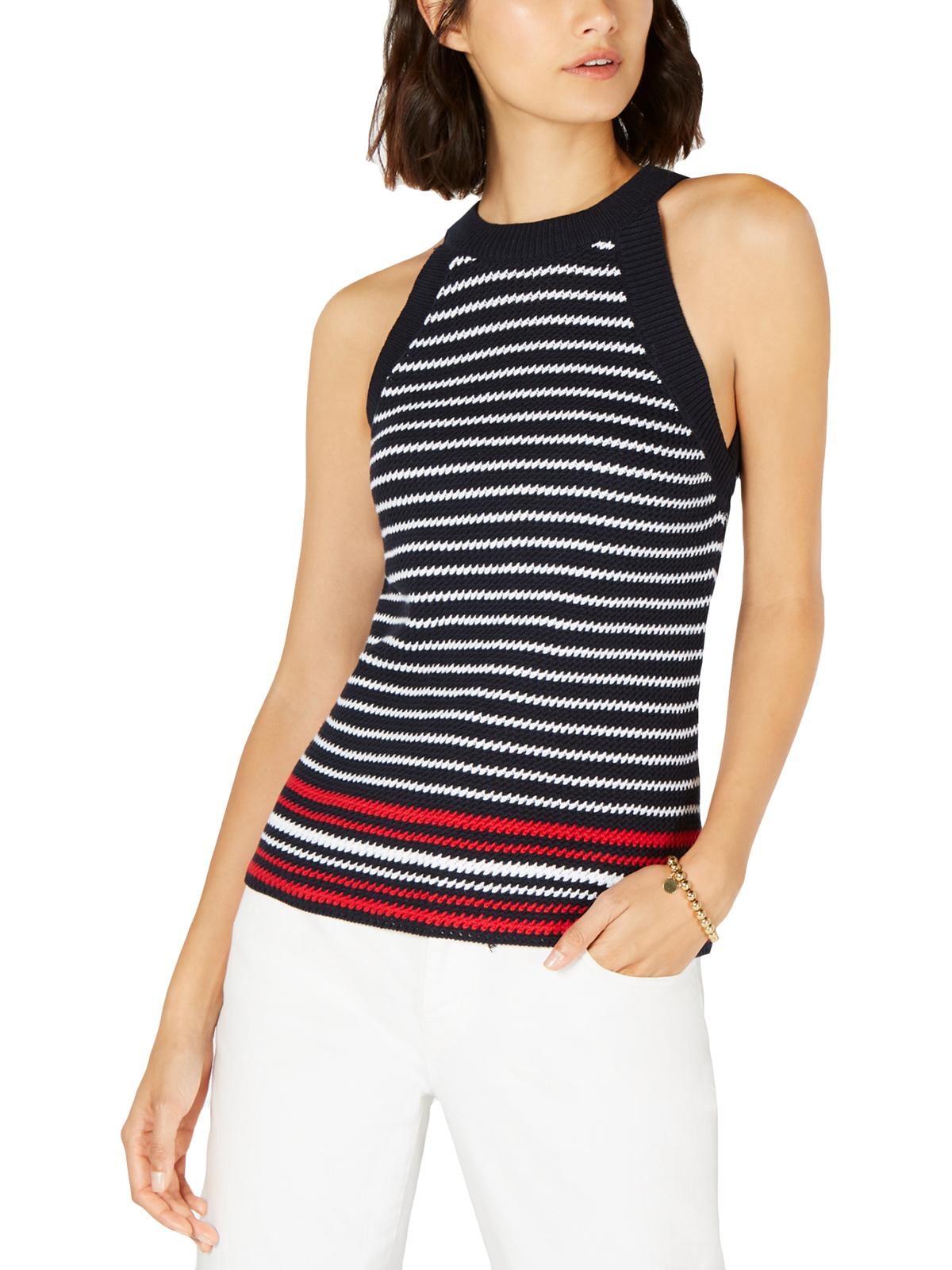 Tommy Hilfiger Suéter feminino listrado de algodão azul tamanho pequeno