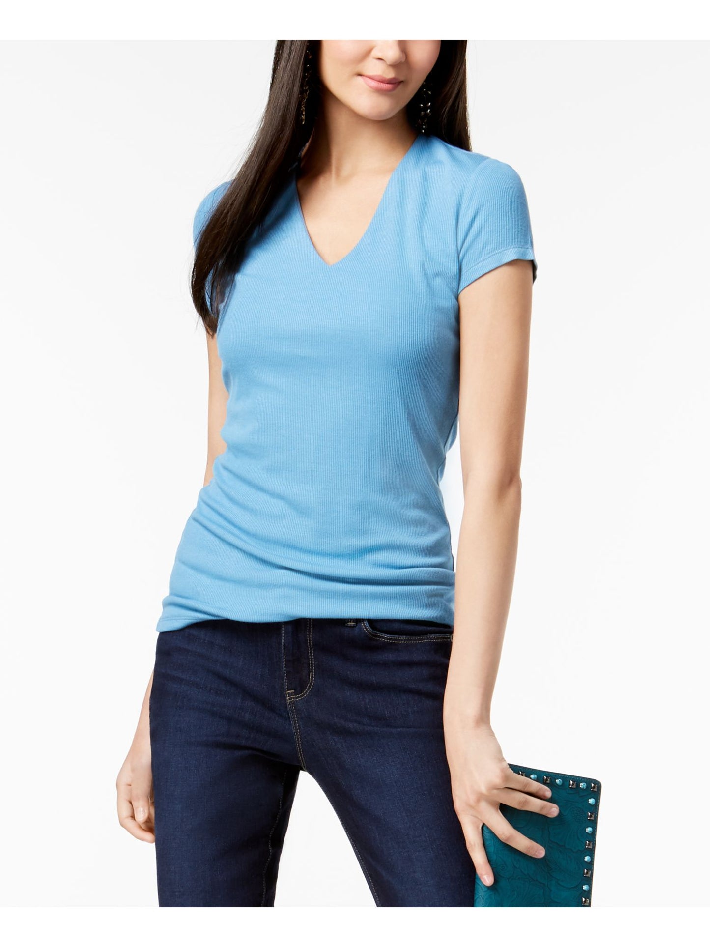 Blusa feminina de manga curta e decote em V da INC International Concepts, azul, tamanho X-S