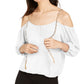INC International Concepts Top feminino com detalhe de corrente e ombro vazado, branco, tamanho X-S