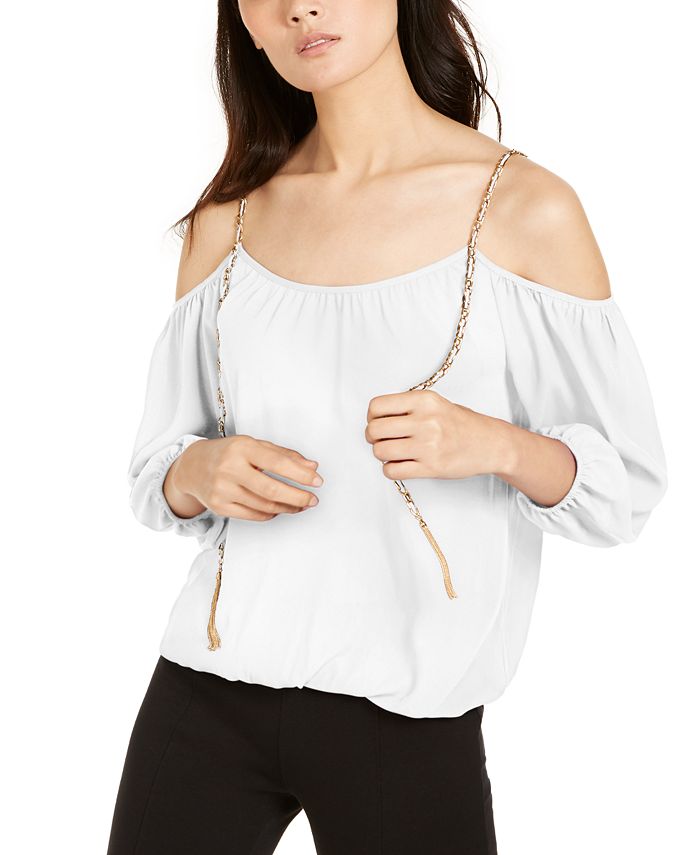 INC International Concepts Top feminino com detalhe de corrente e ombro vazado, branco, tamanho X-S