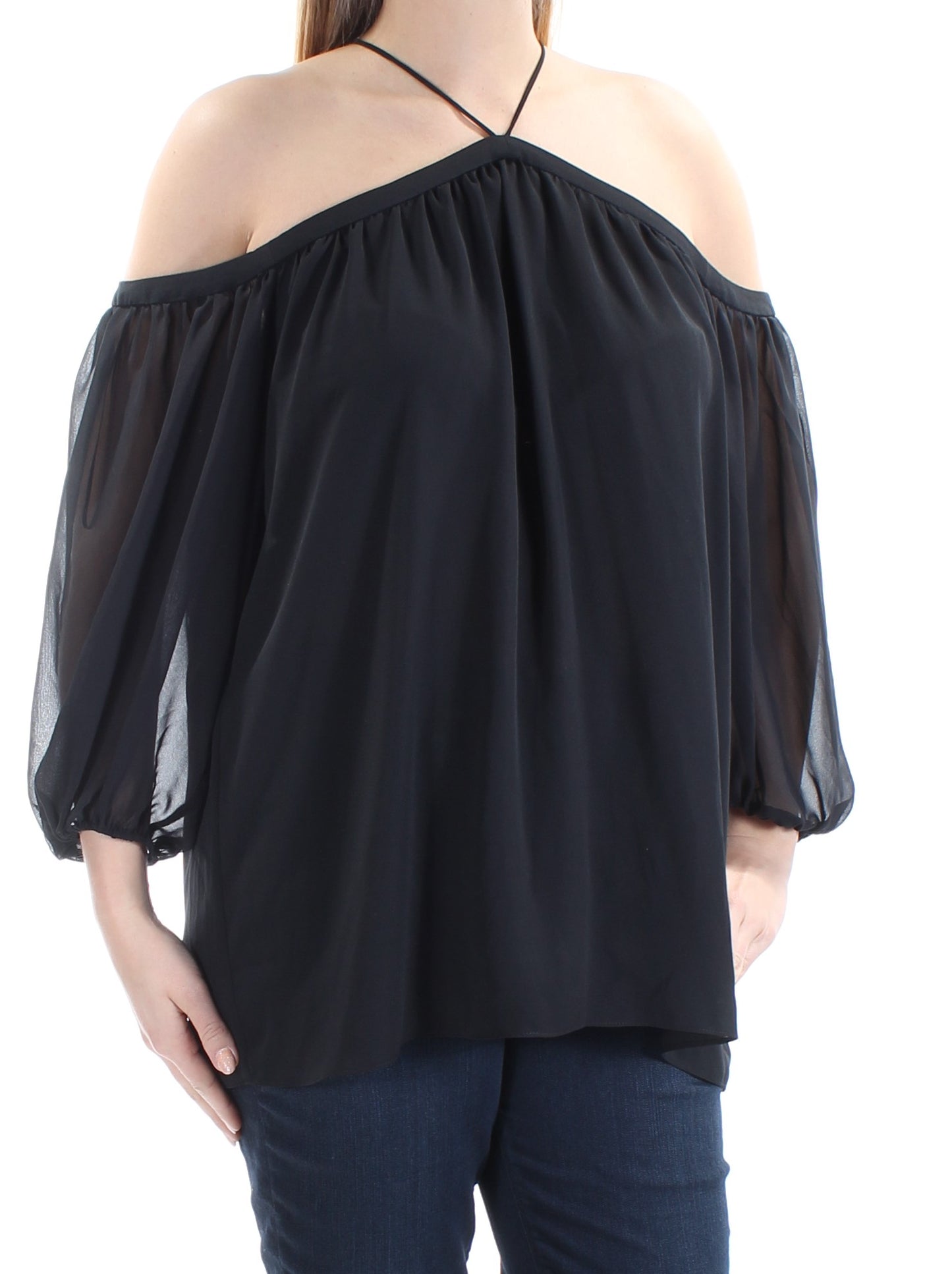 1.STATE Blusa feminina ombro a ombro com decote halter, preta